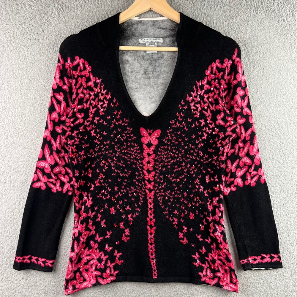 Alberto Makali Pink Butterfly Sequin Knit Sweater Black V-Neck Size S